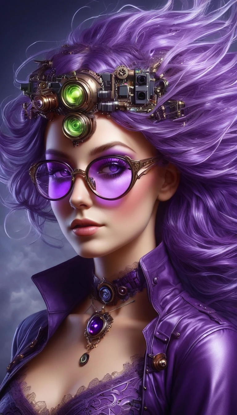 Un portrait hyperréaliste d’une sublime femme heureuse et rayonnante portant des lunettes, femme aux cheveux couleur violet irisé sombre foncé très_long et très détaillés, ((cheveux couleur violet irisé foncé électrique)), portant une robe en dentelle faite en circuitrytech composants électroniques et accessoires steampunk, (tenue blanche), situé dans une ville de style victorienne avec des éléments mécaniques,  poitrine décolletée push-up , regard intense et sensuel , corps élancé, pose dynamique