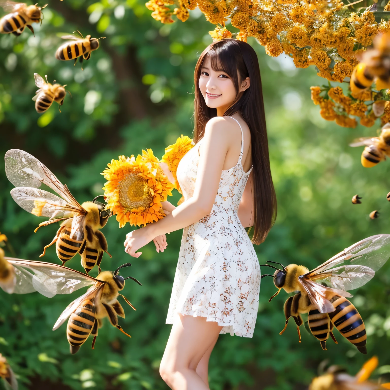 (((Full body photo：1.5)))、High heels、Japanese women、29 year old beauty、Straight Long Hair、((Detailed dark orange and white floral lace dress))、((Realistic honeybee))、Best quality, Beautiful Japanese,Cute woman,Beauty,Beautiful Face,Beautiful Skin,smile,ｲﾔﾘﾝｸﾞ,double eyelid,looking at the camera,Realistic, High resolution, 8k RAW photos,alone, 1 Female,26 years old,Slender figure,((Huge breastany bees flying in the background)))、