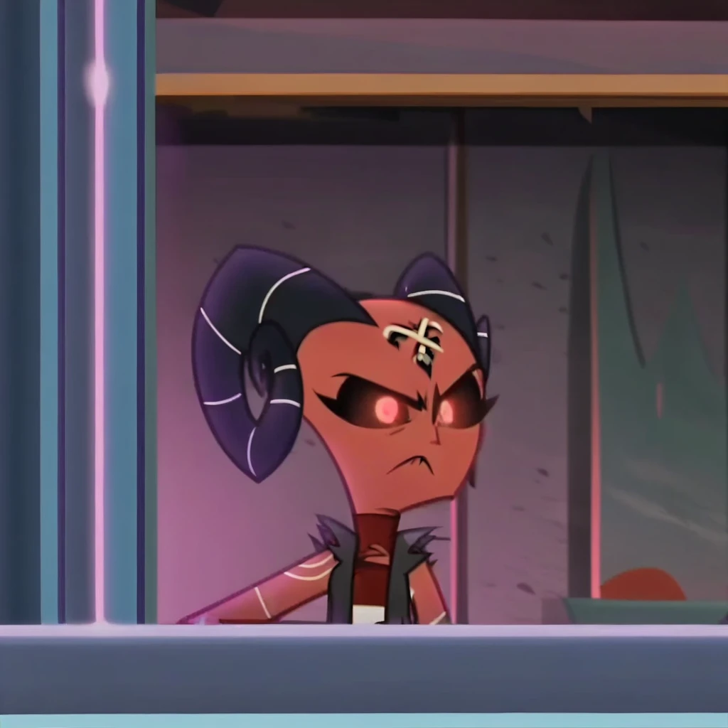 barbie wire, 1girl, demon girl, red skin, forehead tattoo, arm tattoos, horns, striped dress, leather jacket, (screencap:1.5), front facing view, closed mouth,
