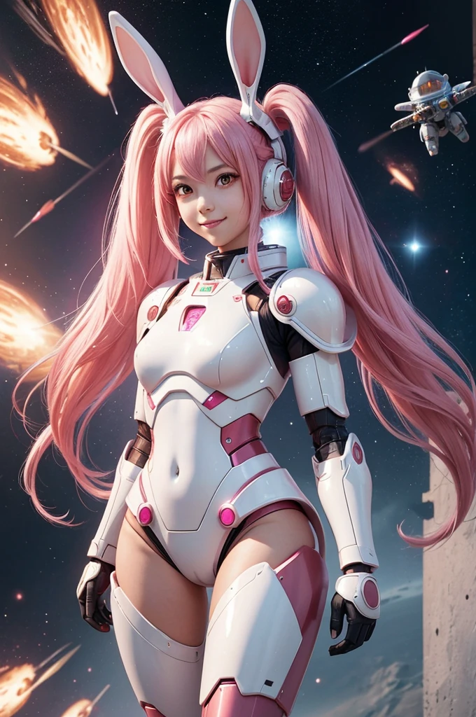 Perfect human body modeling, 1girl, small breasts, beautiful girl, cute girl and idol face, young face, smile, Beautiful long pink hair, twintails, Beautiful shining red eyes, white skin, Short body, Rabbit ears in robot style, powered armor, full armor, powered leg, metroid armor, Space suits, planetary exploration