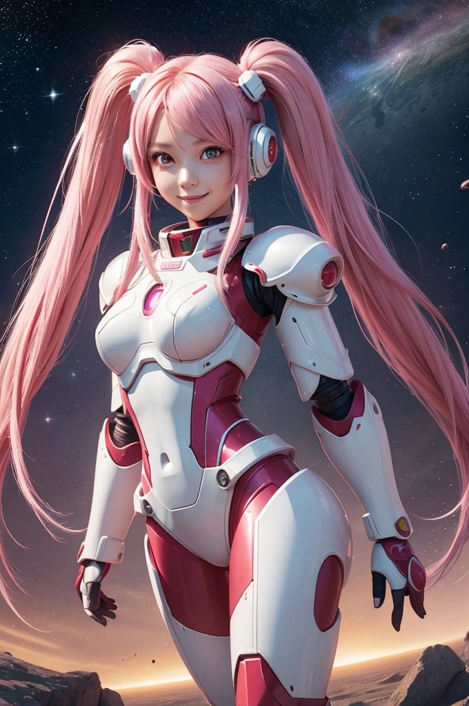 Perfect human body modeling, 1girl, small breasts, beautiful girl, cute girl and idol face, young face, smile, Beautiful long pink hair, twintails, Beautiful shining red eyes, white skin, Short body, Rabbit ears in robot style, powered armor, full armor, powered leg, metroid armor, Space suits, planetary exploration