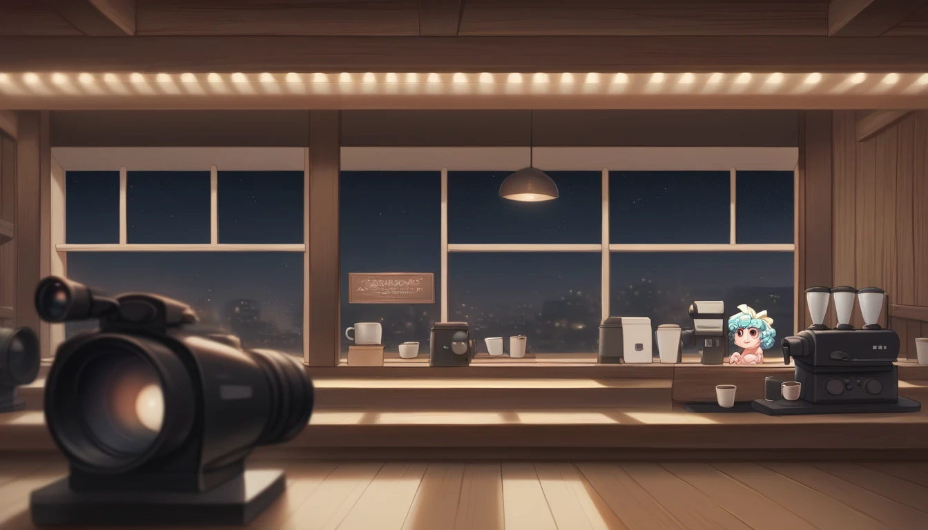 An atmospheric, seaside coffee shop at night with multiple wooden tables illuminated by warm, soft lighting. The focal point is a large, captivating window in the center of the room showcasing a moonlit ocean view. Adjacent to the window, a crackling fireplace adds a cozy ambiance, casting a gentle glow throughout the space, coffee shop