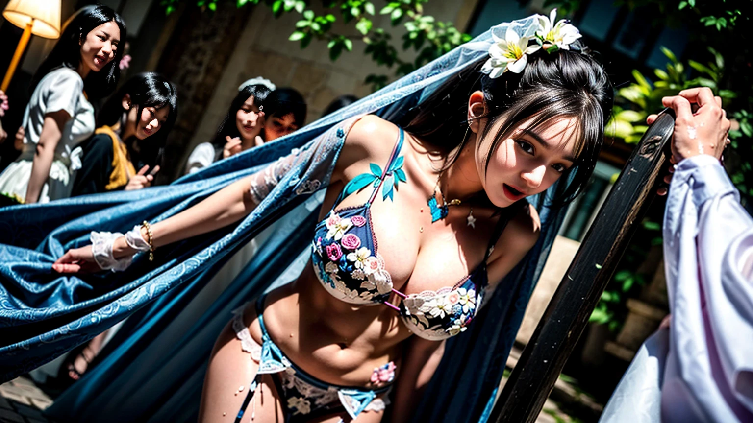 look up, 8K, masterpiece, Most detailed, Highest quality,, create a sense of fit, Cute Girls,Side Tail, (Wet),Sun light,((wedding)),pubic hair,Veil,(((bride))),((show off)),(ふっくらとしたNipples),Ecstatic expression,Outdoor,White lace,Nipples,Ample breasts,Saggy breasts,Hime cut,One female,Glowing Skin,hard core