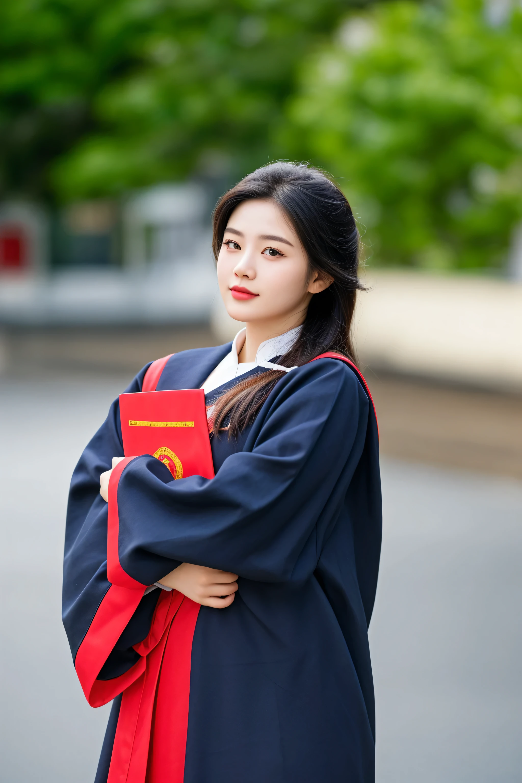 woman in graduation gown standing on street with arms crossed, wearing an academic gown, graduation photo, wearing red robes, wearing robes and neckties, wearing black robe, portrait shot, chinese girl, a young asian woman, young asian girl, closeup portrait shot, student, young asian woman, chinese woman, wearing long gown, asian girl with long hair, wearing a black robe