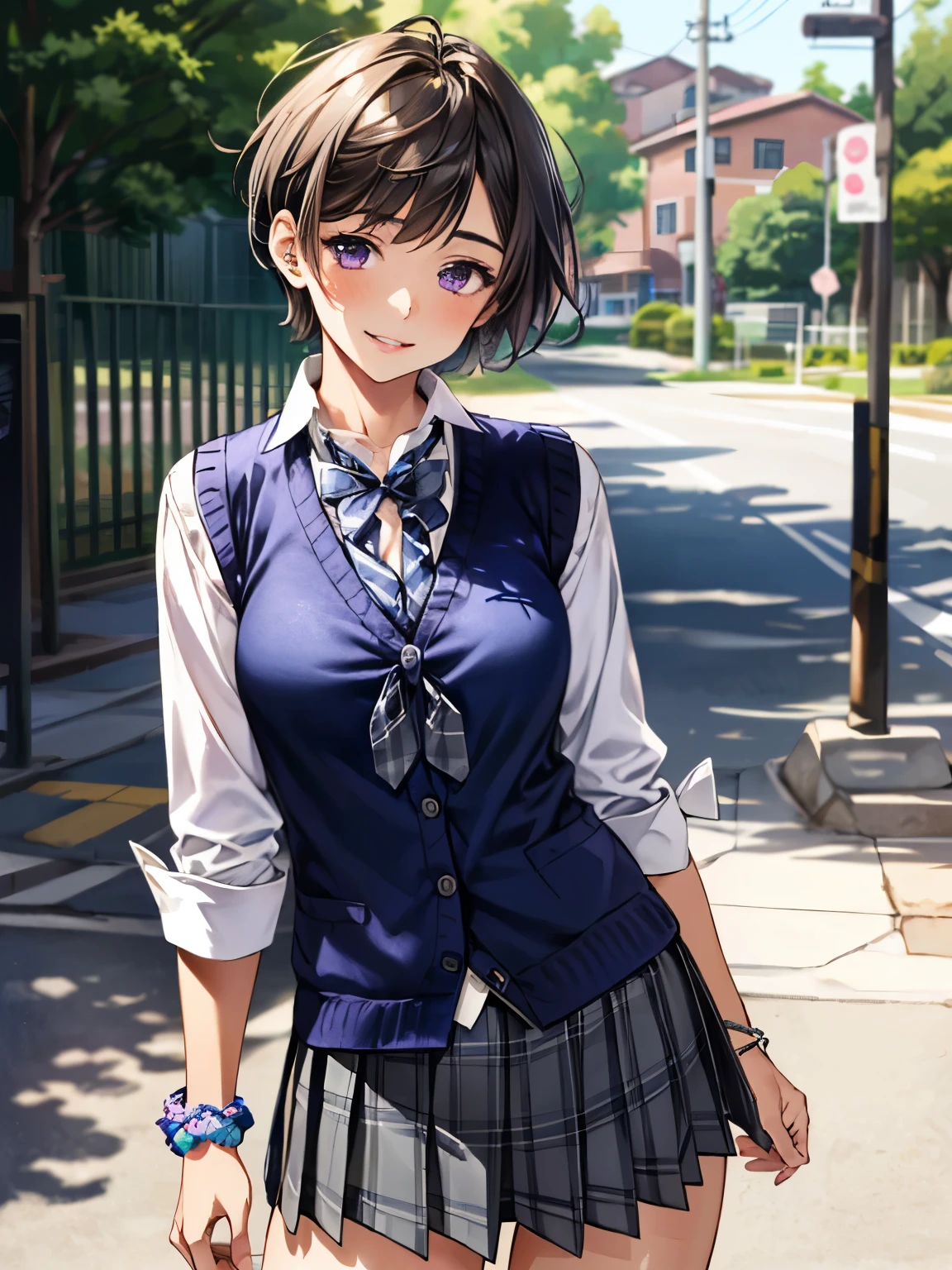 (masterpiece:1.3, Highest quality), Ultra-high resolution, Very detailed, (Realistic, photoRealistic:1.4), Beautiful illustrations, Perfect lighting, colorful, Written boundary depth, Looking at the audience, 1 Girl, alone, Japanese, high school girl, Improve, (Captivating thighs, Skin dents), (short hair:1.5, Pixie Cut:1.4), Brown Hair, Asymmetrical bangs, Purple eyes, Part your lips, (very tanned and shiny skin), Beautiful Hair, Beautiful Face, Very detailed顔, Fine and beautiful eyes, Beautiful clavicle, Beautiful body, Beautiful breasts, Beautiful thighs, Beautiful legs, Beautiful fingers, (Beautiful views), Daytime, Outdoor, (( (Navy knit vest), Grey checked tie, White long sleeve collared shirt, , pink plaid pleated skirt, Black tie)), , Polka dot hair scrunchie, bracelet, (Captivating smile),