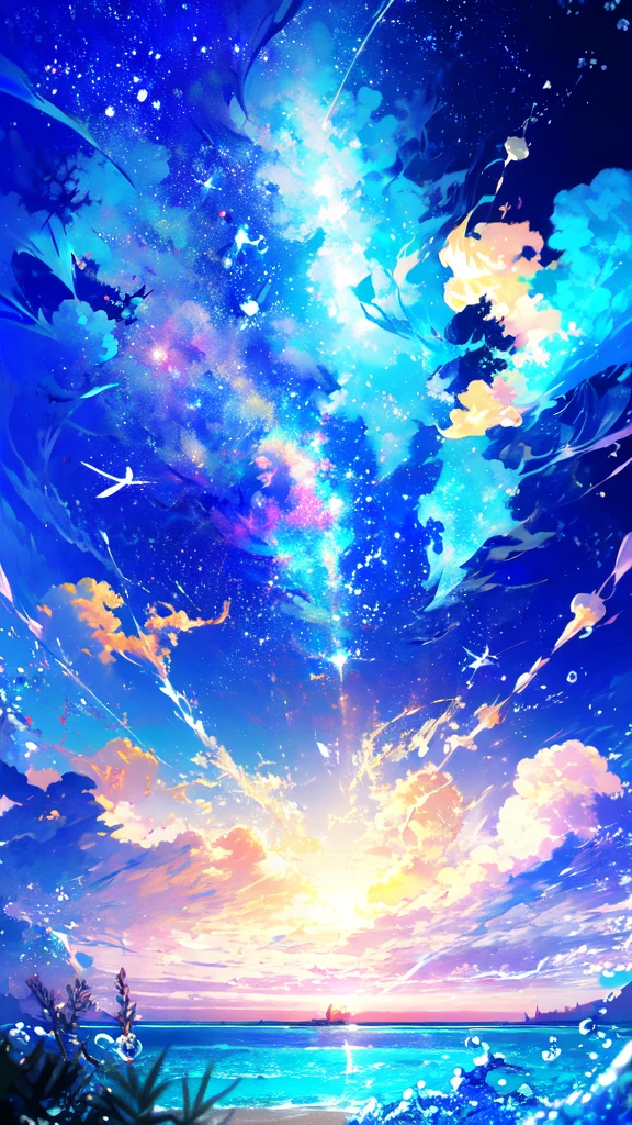 -scenery, 1girl, sky, Star (sky), Highest Resolution、Sunlight from above, night, solo,Fine starry sky、 city lights, Starry sky, Fine bubbles、night sky, bubble, watercraft, outdoors, short hair, ocean, Big cloud,coloured glaze,