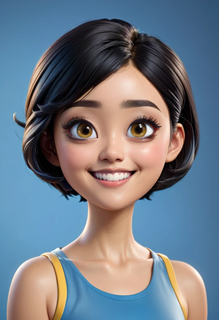 Create a 3D animation of a cartoon caricature with a big head. a beautiful 19 year old Indonesian woman. She has short black pixie cut hair. His face is oval with smooth lines, thick and neat black eyebrows, normal eyes, a small, sharp nose, and thin lips with a wide, friendly smile. He wore a yellow tank top. Gradient blue background with professional lighting. masterpiece, top quality, highly detailed skin and face, ultra-realistic, high definition, studio lighting, sharp focus, 2/3 body angle, Concept Art, 3D rendering.