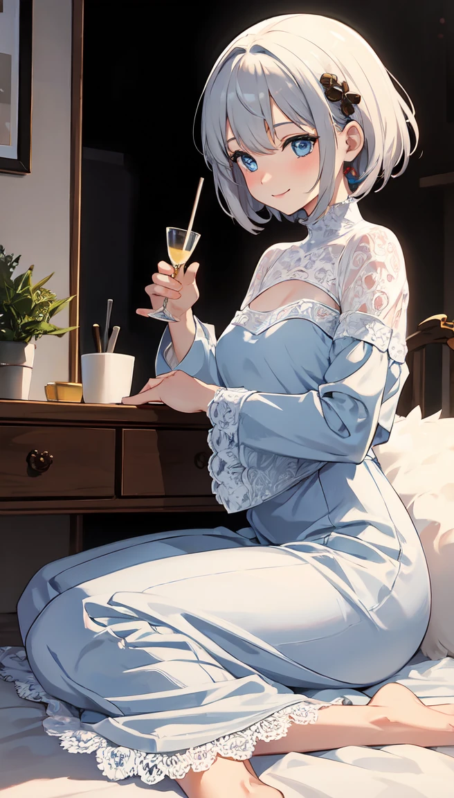 masterpiece, Soft Shading, Perfect Anatomy, Perfect lighting, Perfect focus, Healing, alone, One girl, Furry, Shaggy Sheep, Anthropomorphic, woman, Silver fur, Silvery skin, blue eyes, Before going to bed, pajamas,Long sleeve,Long skirt,(White lace),Small breasts,fantasy town, Upload to e621, Sitting,smile,adult,Long ears,Short Hair、