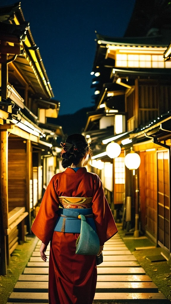 Kyoto 、At the foot of the mountain、night、Japanese kimono、Gazing at the large bonfire、uppercase letter、Kyoto at Night、Woman from behind、　　Rear view of a woman wearing a kimono　