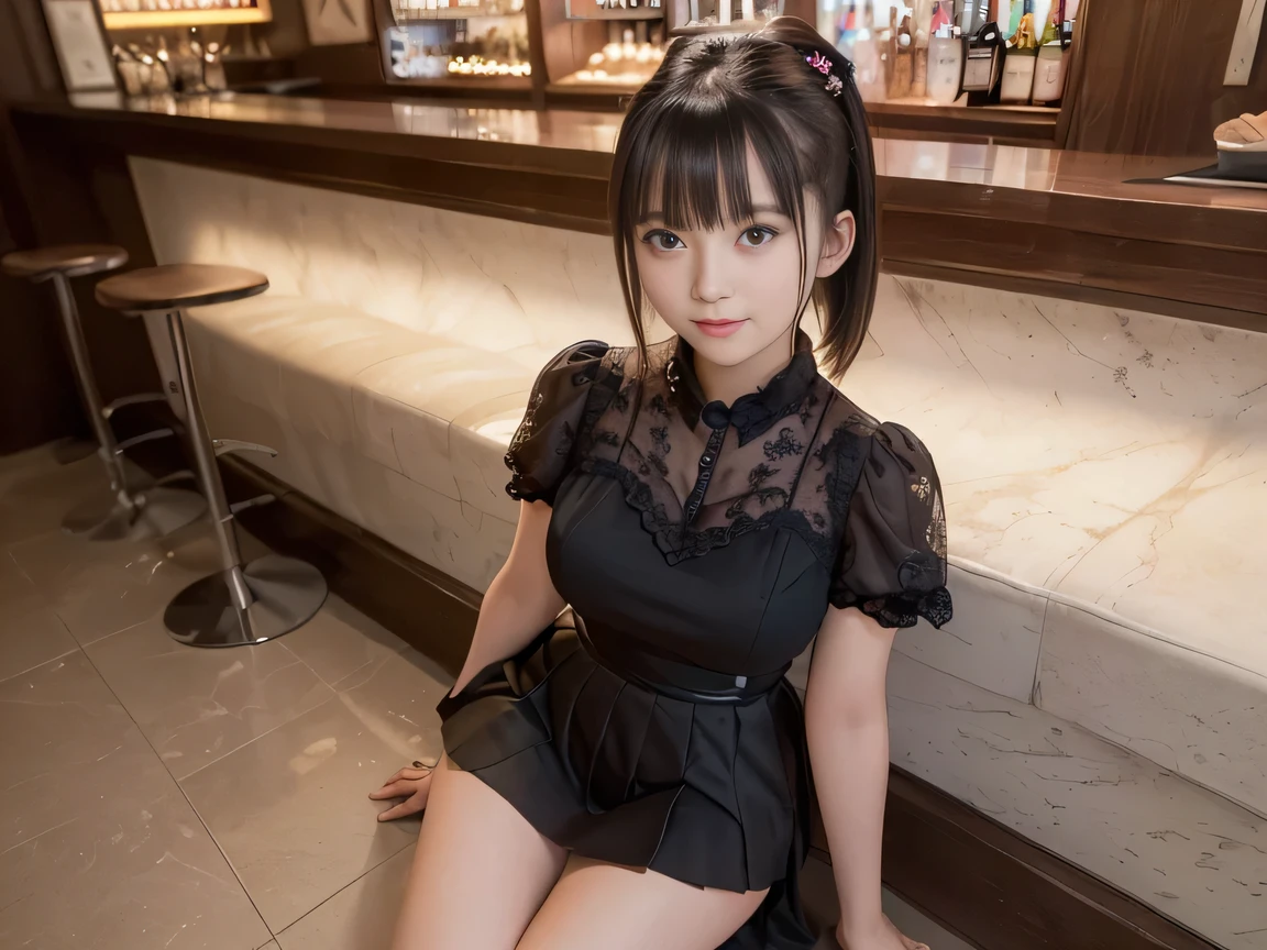 (Highest quality, masterpiece, Ultra-high resolution, 8K, RAW Photos, Realistic, Anatomically correct:1.5), 20-year-old girl:1.2, Embarrassing, avert your eyes, blush:1.0, View Viewer, ((Bar Lounge)) 、Night view、 Light:1.2, Bokeh, Cinema Lighting:1.0, Depth of written boundary, sharp、 Cute face、Idol、Black short sleeve lace top、Black pleated skirt、Black clothing、”dwarf”、(Floral clothes)、(Full Body Shot)、Side angle、Cowboy Shot、 smile、(Ultra short hair、Short ponytail)、(Straight bangs)、((See-through))、(( One Girl))、Large Breasts、