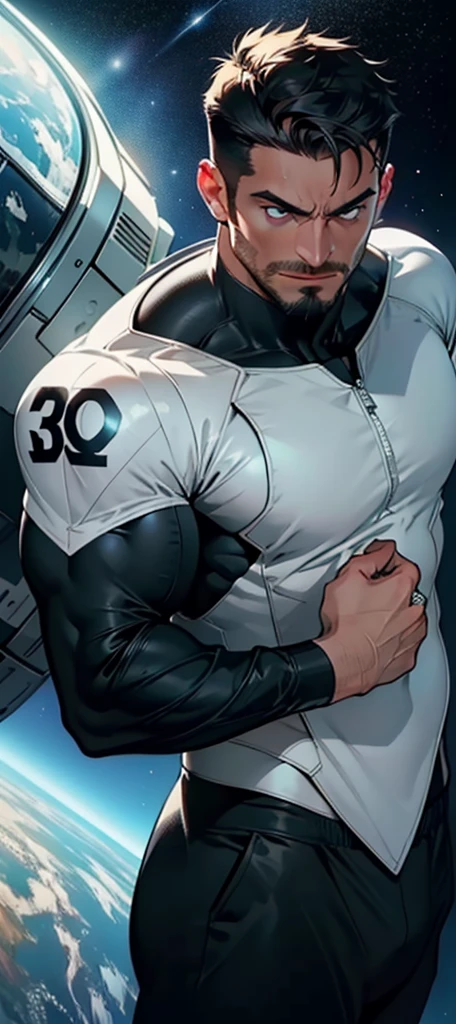 An award-winning original photo,A wild muscular man, (30 years old man:1.3), 1boy, Solo, (wearing a (white lantern) metal suit), (silver ring on a finger), spikes, neon stripes, black hair, (big shoulder), muscular, hunk, stubbles, Short beard, (Detailed face:1.3), (beautiful eyes:1.2), really angry, Dynamic Angle, volumetric lighting, (Best quality, A high resolution, Photorealistic), Cinematic lighting, Masterpiece, RAW photo, Intricate details, hdr, depth of field, total view shot, in space background