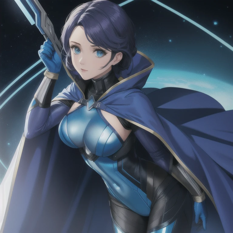 X-men, destiny, solo, 1girl, blue bodysuit, blue cape, irene Adler, gden face mask, blue gloves