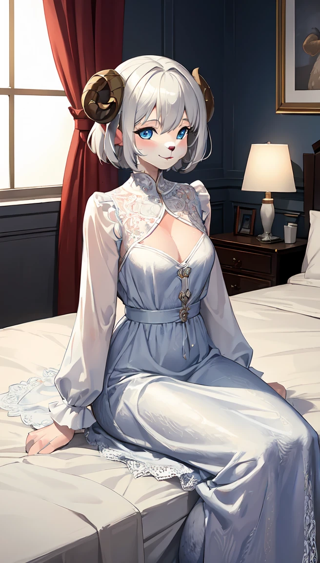 masterpiece, Soft Shading, Perfect Anatomy, Perfect lighting, Perfect focus, Healing, alone, One girl, Furry, Shaggy Sheep, Anthropomorphic, woman, Silver fur, Silvery skin, blue eyes, Before going to bed, pajamas,Long sleeve，Long skirt，(White lace)，Small breasts，fantasy town, Upload to e621, Sitting,smile，adult，Long ears，Short Hair，Ram&#39;s horn、Perfect Anatomy((Beast Woman, Focus Only)) (((Furry))) (Furry anthro:1.7) ((((Hairy body, Sheep facial features, Physical characteristics of sheep)))) ((Sheep&#39;s nose, Very fine body hair)), 