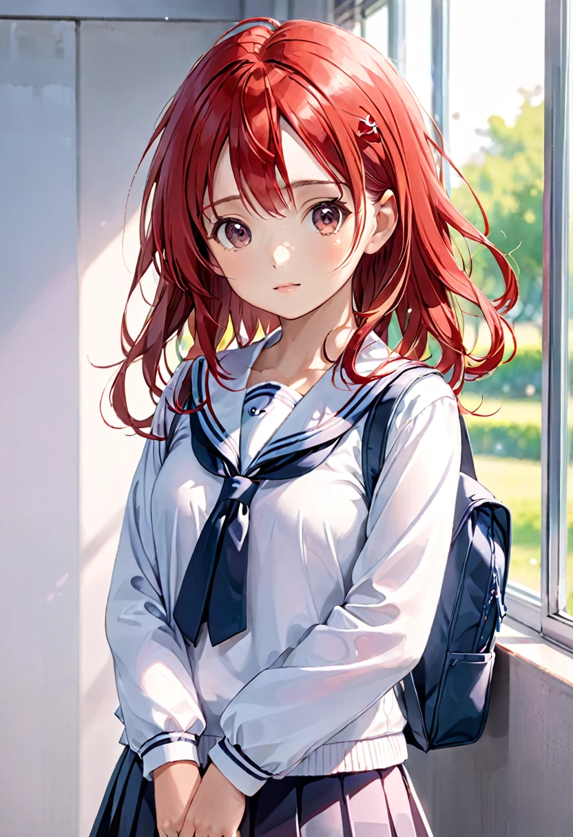 cute school girl, red hair, calm pose