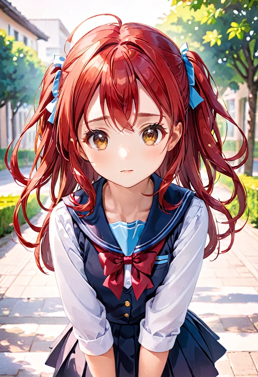 cute school girl, red hair, calm pose