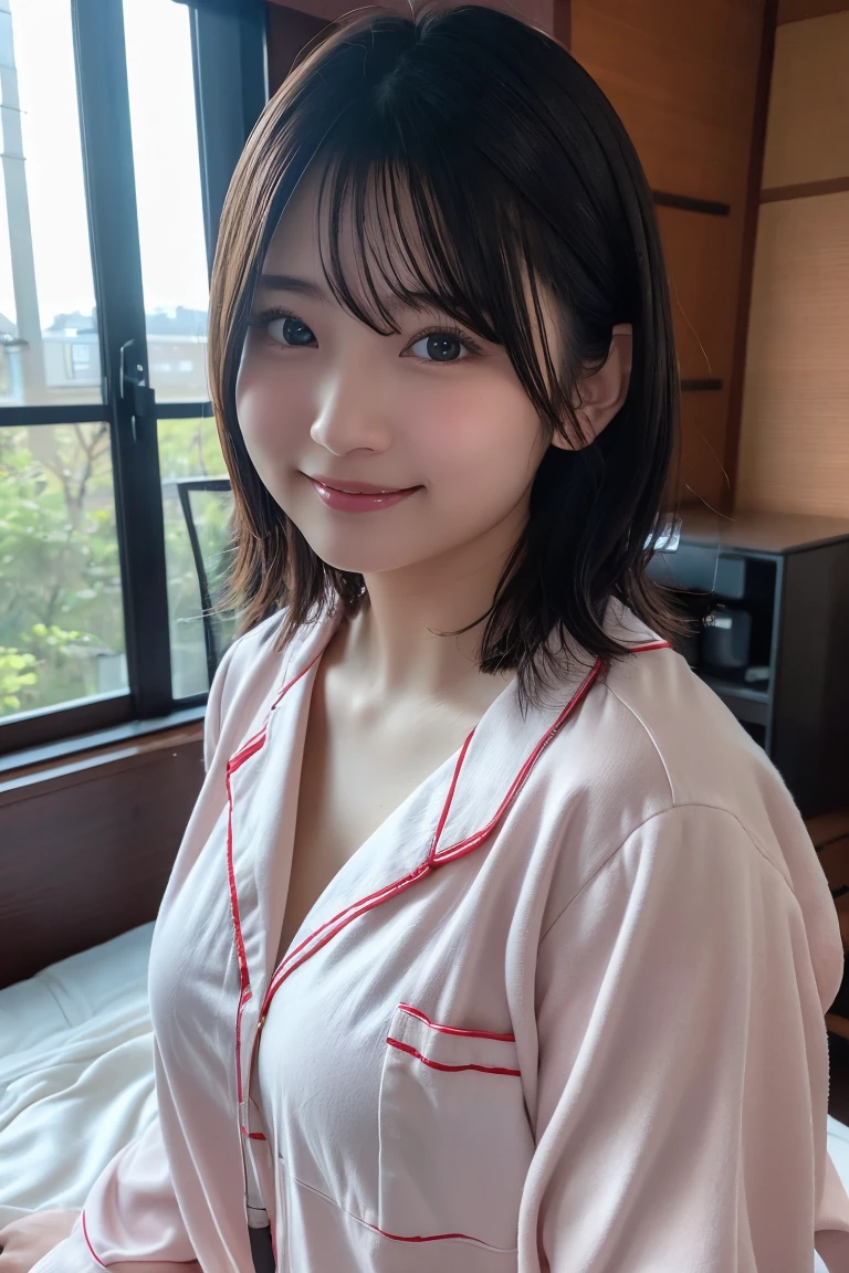 (8K, RAW Photos, Highest quality, High resolution: 1.1), (ultra Realistic: 1.4), (Realistic, Realistic: 1.3), The Beauty of Japan, pajamas, ((Upper Body: 1.3)) High resolution, Realistic image of a Japanese woman with short hair, She has big breasts and red cheeks, Look at that, smile She looks at it, smile, While taking a selfie. Her smartphone is close to her face. She appears to be live streaming from her home., Spread on the bed, With a blanket over my chest.