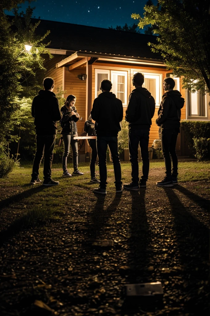 Image of a group of young people at night with flashlights and cameras, nervously looking towards the house]