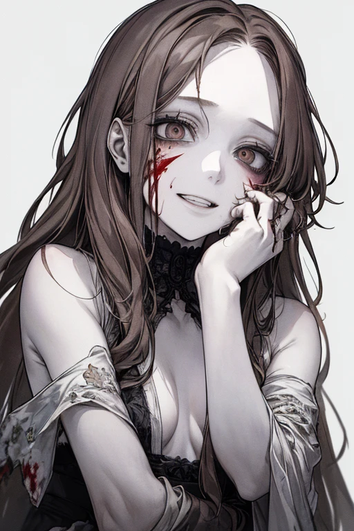 (masterpiece:1.2, Highest quality), (Actual Photos, Intricate details), (1 female, alone, Upper Body, Small breasts) ,Eyes Wide Open、Scary atmosphere、Distorted facial expressions、Twisted Smile、Blood from the head、Blood splatter、whole body、Punk Fashion、Long Hair、Long bangs、Black Hair、(((Dark circles under the eyes)))、Pale skin、Feeling unwell、Pathological、Wicked Smile、Crazy Eyes、(Grin)Dramatic makeup,Create mixed media art、White Background