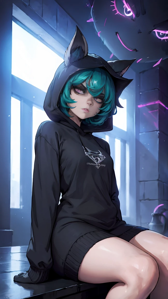 girl, large black sweatshirt, sitting posture, calm look, a dark room, evil eyes, glowing skin, Looking ahead, facial expression