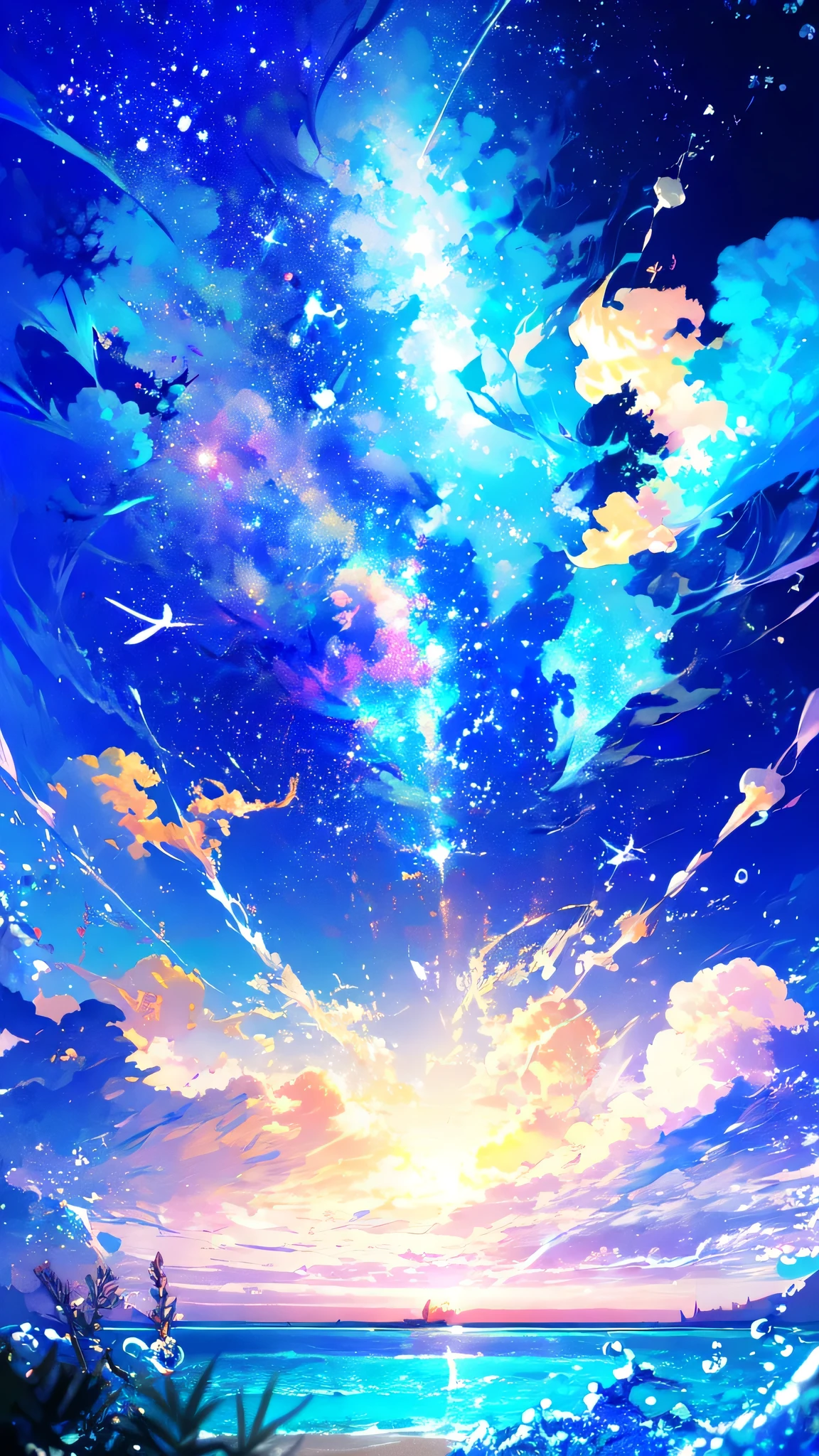 -scenery, 1girl, sky, Star (sky), Highest Resolution、Sunlight from above, night, solo,Fine starry sky、 city lights, Starry sky, Fine bubbles、night sky, bubble, watercraft, outdoors, short hair, ocean, Big cloud,coloured glaze,