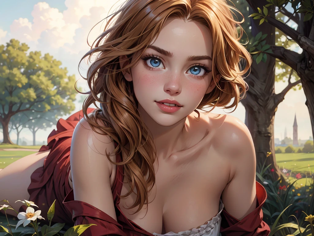 melancholy lighting, quiet, calm, brightness, masterpiece, best quality, 1girl, (JinxLol:1.2), (ultra photorealistic:1.3), (masterpiece:1.4), best quality, ((realistic)), high quality, ultra detailed, ((Real image)), ((realistic skin)), ((realistic face)),(illustration:1.05), (beautiful:1.05), (beautiful detailed eyes:1.05), (cinematic light:1.1), Full body, precise proportions, 18-year-old girl, skinny model lying on the grass, surrounding garden, tree shadow, GINGER BLONDIE hair fluttering in the wind, RED DRESS, long legs, feet slightly open, buttocks, blush, shyness, collarbone, abdominals, double weave, beautiful and delicate face, fair skin, real skin, (face detail), pores, super high resolution, 8k, parameters Best quality, masterpiece, super high resolution, (Realistic 2.0), More details, detailed skin, wide smile, white teeth, voluminous GINGER BLONDIE hair, perfect and well designed eyes, girlfriend, beautiful, beautiful, flowers, studio lightinge、sultry look, seductive,
