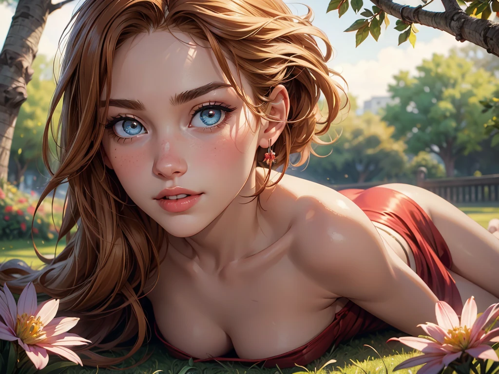 melancholy lighting, quiet, calm, brightness, masterpiece, best quality, 1girl, (JinxLol:1.2), (ultra photorealistic:1.3), (masterpiece:1.4), best quality, ((realistic)), high quality, ultra detailed, ((Real image)), ((realistic skin)), ((realistic face)),(illustration:1.05), (beautiful:1.05), (beautiful detailed eyes:1.05), (cinematic light:1.1), Full body, precise proportions, 18-year-old girl, skinny model lying on the grass, surrounding garden,  tree shadow, GINGER BLONDIE hair fluttering in the wind, RED DRESS, long legs, feet slightly open, buttocks, blush, shyness, collarbone, abdominals, double weave, beautiful and delicate face, fair skin, real skin, (face detail), pores, super high resolution, 8k, parameters Best quality, masterpiece, super high resolution, (Realistic 2.0), More details, detailed skin, wide smile, white teeth, voluminous GINGER BLONDIE hair,  perfect and well designed eyes, girlfriend, beautiful, beautiful, flowers, studio lightinge、sultry look, seductive,
