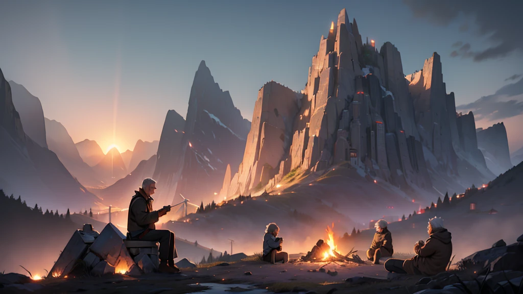 A futuristic setting with wind turbines around An old man sitting around a campfire giving a bunch of kids a story on a hill top with a dark abandoned city with skyscrapers with no lights in the background behind a mountain, at daybreak, sun shining past mountain