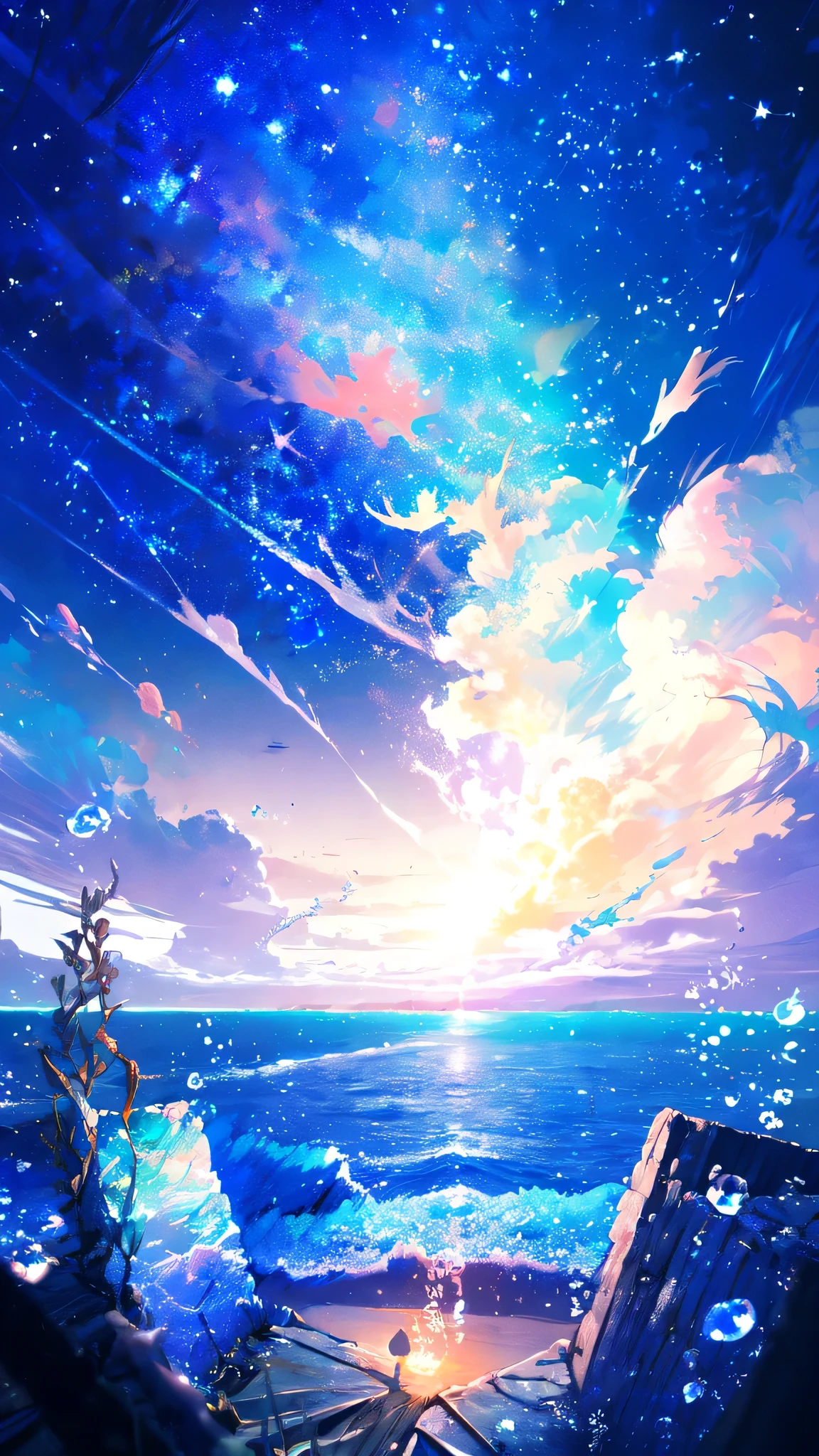 -scenery, 1girl, sky, Star (sky), Highest Resolution、Sunlight from above, night, solo,Fine starry sky、 city lights, Starry sky, Fine bubbles、night sky, bubble, watercraft, outdoors, short hair, ocean, Big cloud,coloured glaze,