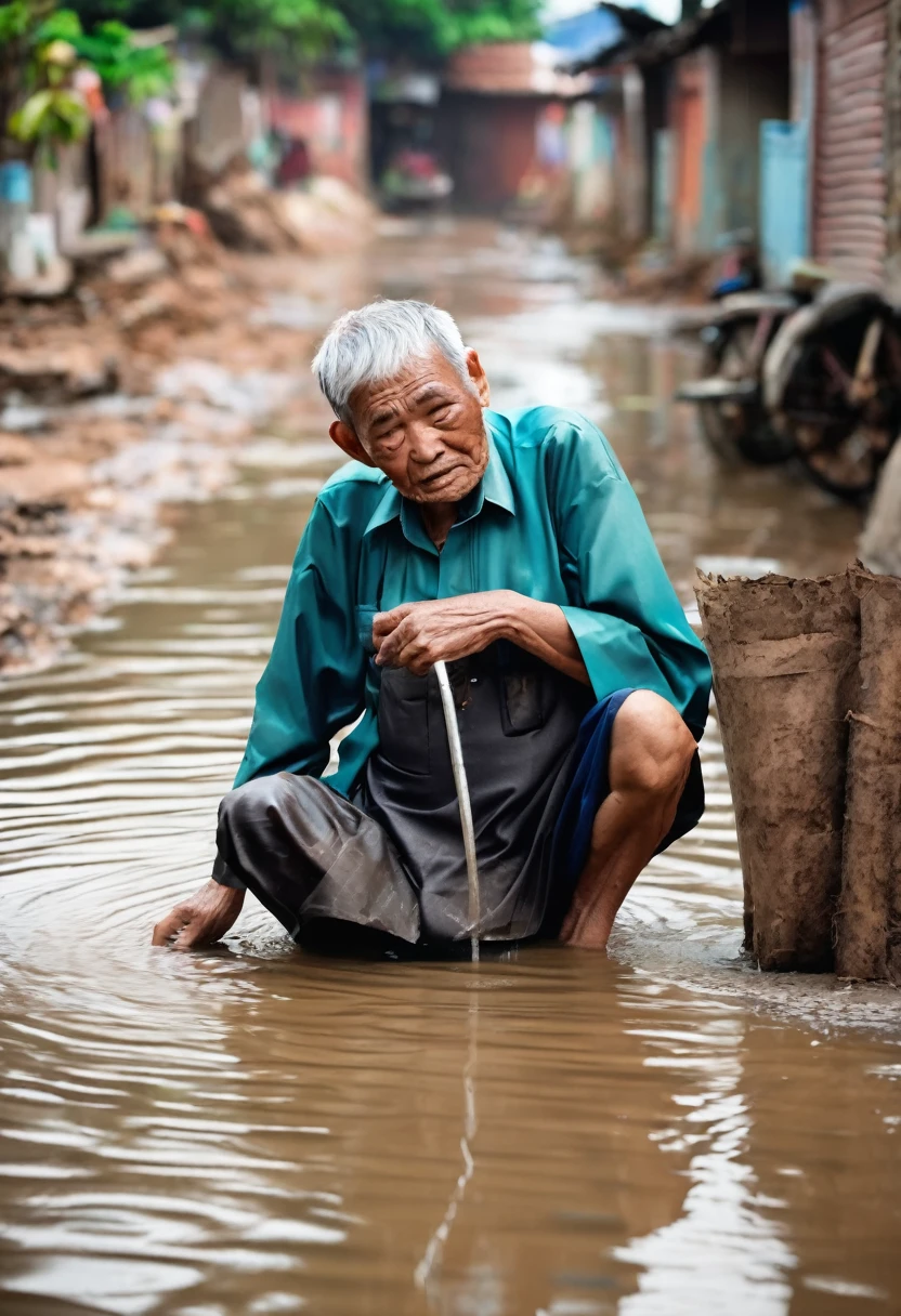 Asian elderly men are exposed to rainwater in dry weather, global warming Poverty