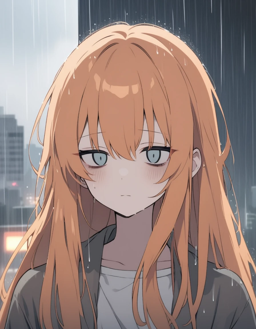 Anime fox girl, orange hair, dead eyes, neutral face, basking in the rain, rain background, cityscape, pale colors,