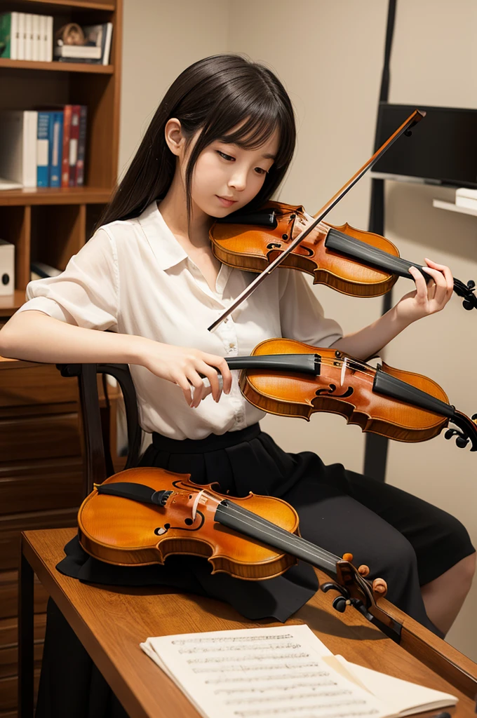 An anime girl is seated at a desk, earnestly replacing the E string of a violin.