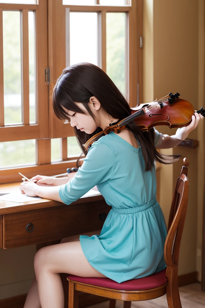 An anime girl is seated at a desk, earnestly replacing the E string of a violin.