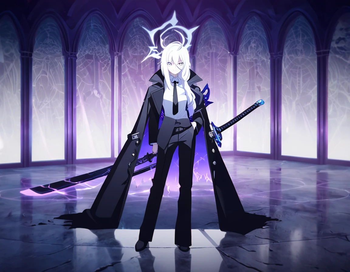(Highest quality), (High resolution), (masterpiece), (Super detailed), Long Hair, White Hair, Purple left eye, Blue right eye, Odd Eye, Blue Archive Art Style, Wearing Darkness, 1 personの女の子, With a black sword, 闇のaura, Black Light, Black long coat, White shirt, Black tie, Black trousers, suit, , 1 person, Fantasy, aura, whole body, Many shining swords are stuck in it, cool, Girl, Magic Sword, Magic circle in the background, Scary face, Expressionless, Light comes out of the eyes, Left hand in pocket