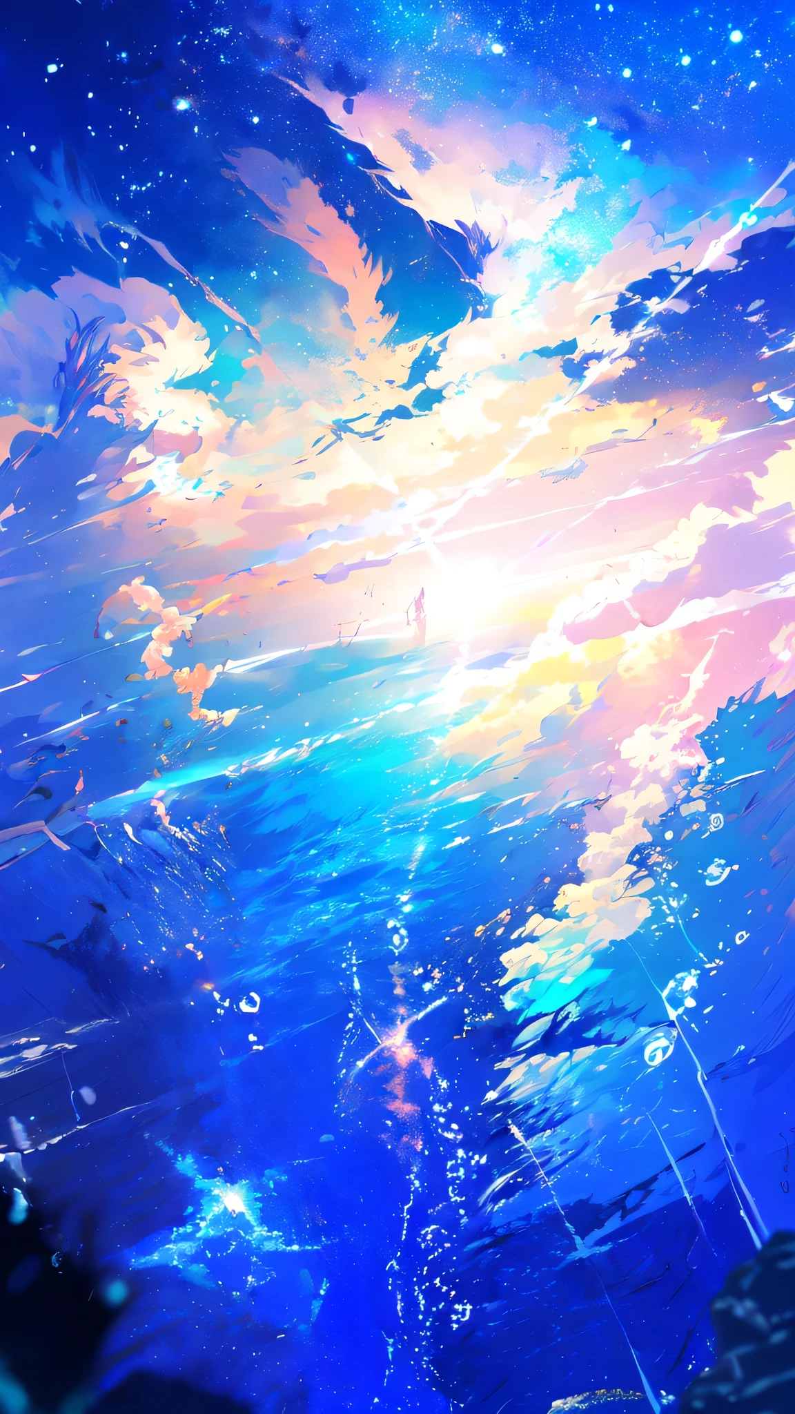 -scenery, 1girl, sky, Star (sky), Highest Resolution、Sunlight from above, night, solo,Fine starry sky、 city lights, Starry sky, Fine bubbles、night sky, bubble, watercraft, outdoors, short hair, ocean, Big cloud,coloured glaze,