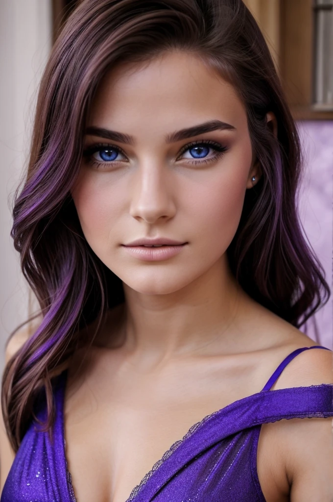 Jeune femme de 20 ans, cheveux long violet,yeux bleu brillant, corps de mannequin sexy,beau gros sein