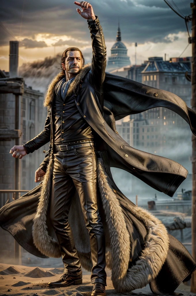 masterpiece, best quality, extremely detailed, hyperrealistic, photorealistic, a cool 40s man, ultra detailed face:1.2, fur-trimmed coat, scarf around the neck, his left hand is a golden pirate hook:1.1, landscape, city, dynamic angle, dynamic pose, left-arm up, outraged, sandstorm
