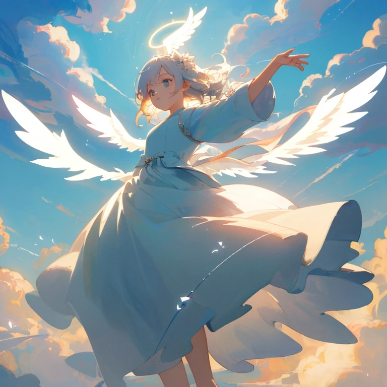 (masterpiece, Highest quality:1.3), Ultra high definition, Fantasy, Angel、woman、dancing、cloud、temple、Beautiful light、Halo、Overlooking、Back view、dress、Swaying in the Wind、Big wings on the back、Looking up at the sky