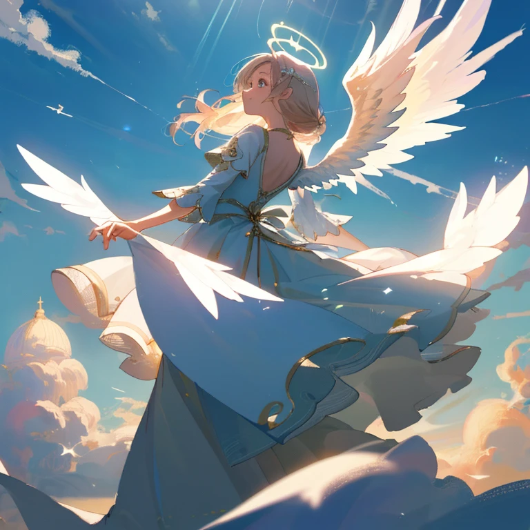 (masterpiece, Highest quality:1.3), Ultra high definition, Fantasy, Angel、woman、dancing、cloud、temple、Beautiful light、Halo、Overlooking、Back view、dress、Swaying in the Wind、Big wings on the back、Looking up at the sky