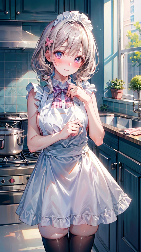 (Best quality, 8k, 32k, Masterpiece, UHD,:1.2),RAW, 1girl,ultra cute , natural lighting,transparent shining eyes, 20yo,medium breast ,fair complexion ,flushed face, dynamic angle, naked apron, (ecstasy:0.8) ,embarrassed, blush, at kitchen