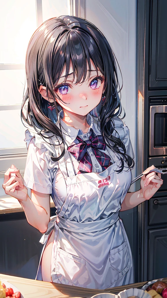 (Best quality, 8k, 32k, Masterpiece, UHD,:1.2),RAW, 1girl,ultra cute , natural lighting,transparent shining eyes, 20yo,medium breast ,fair complexion ,flushed face, dynamic angle, naked apron, (ecstasy:0.8) ,embarrassed, blush, at kitchen