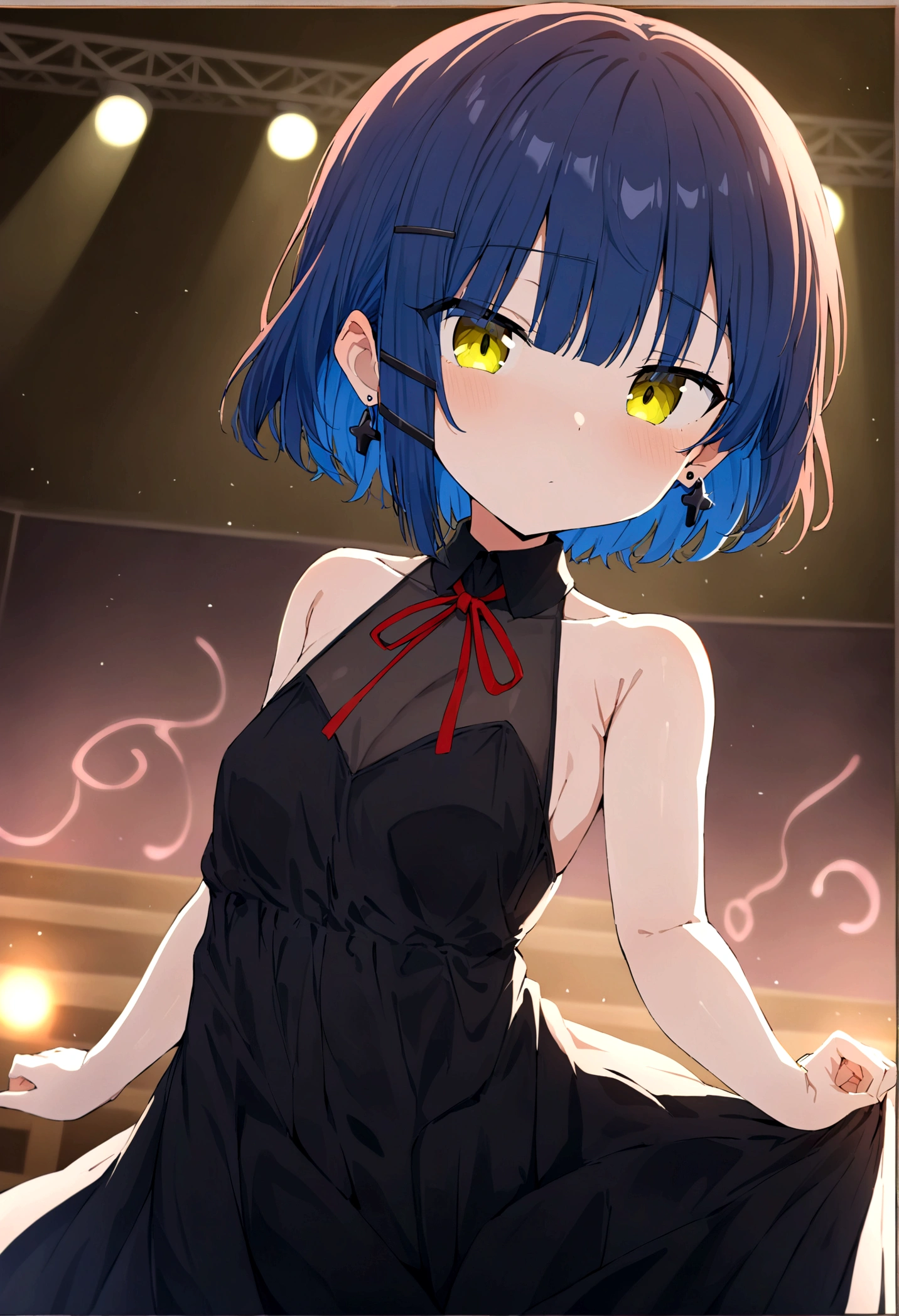 (best quality, highres, masterpiece : 1.4), (flatten art : 0.8), masterpiece, (best quality), 1girl (onee-san vibe) , anime, deep blue hair hair, 2 black hair clip, black pin earring, fair skin, faint yelllow eyes, small sized breast, no expression, (detailed face), (black dress, fur, warm, intricate red motif), close-up, night, eyes to the viewer, (background: indoor music stage, indie vibe)