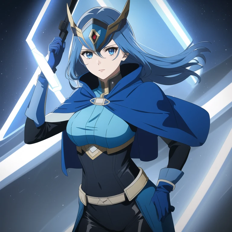 X-men, destiny, solo, 1girl, blue bodysuit, blue cape, irene Adler, gden face helmet mask, blue gloves