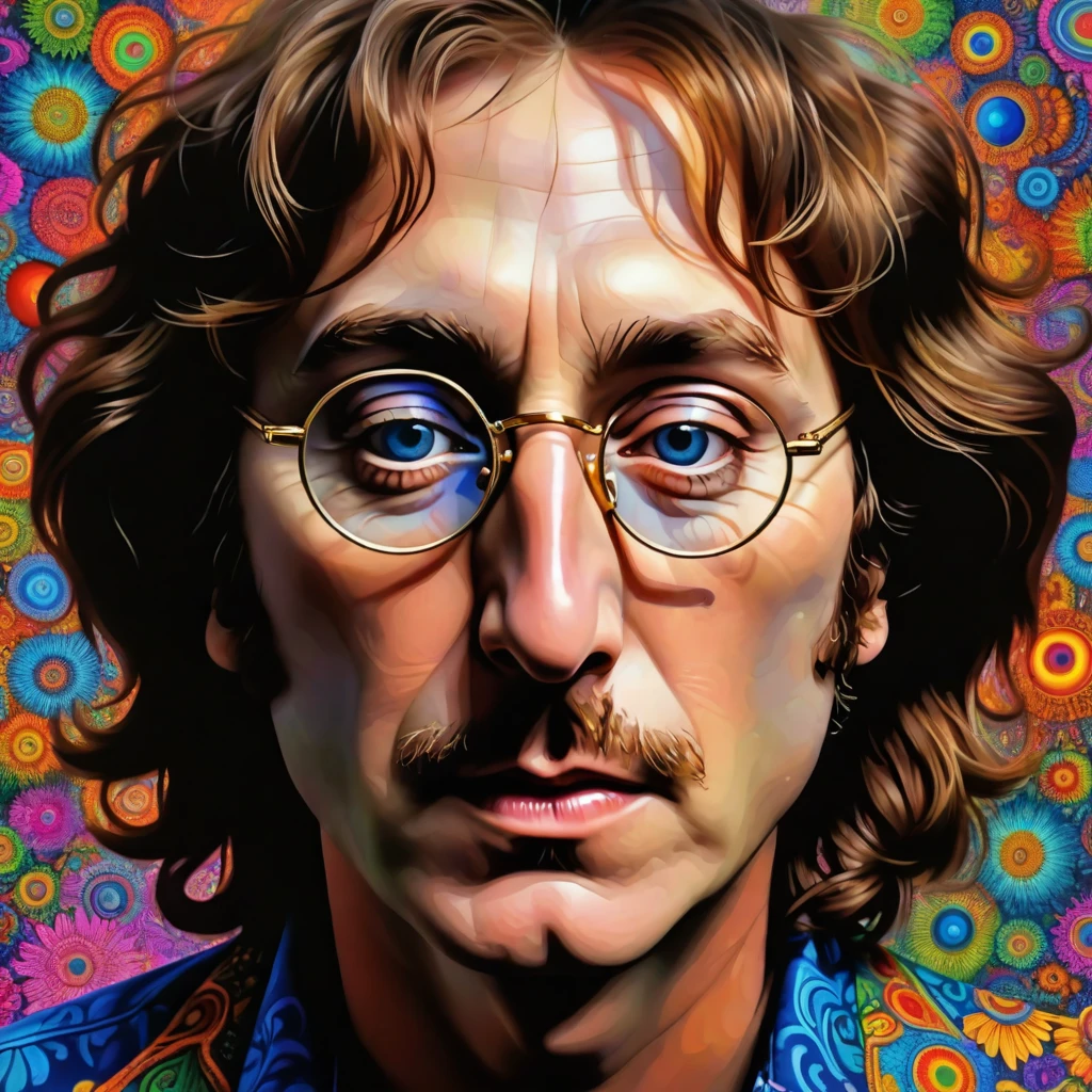 a portrait of john lennon, round glasses, psychedelic art, detailed face, beautiful detailed eyes, beautiful detailed lips, extremely detailed eyes and face, long eyelashes, portrait, digital art, vibrant colors, surreal, intricate details, dynamic composition, dramatic lighting, abstract background, mind-bending, visionary, trippy, transcendent, mesmerizing, captivating, best quality, 8k, highres, masterpiece, ultra-detailed, realistic, photorealistic