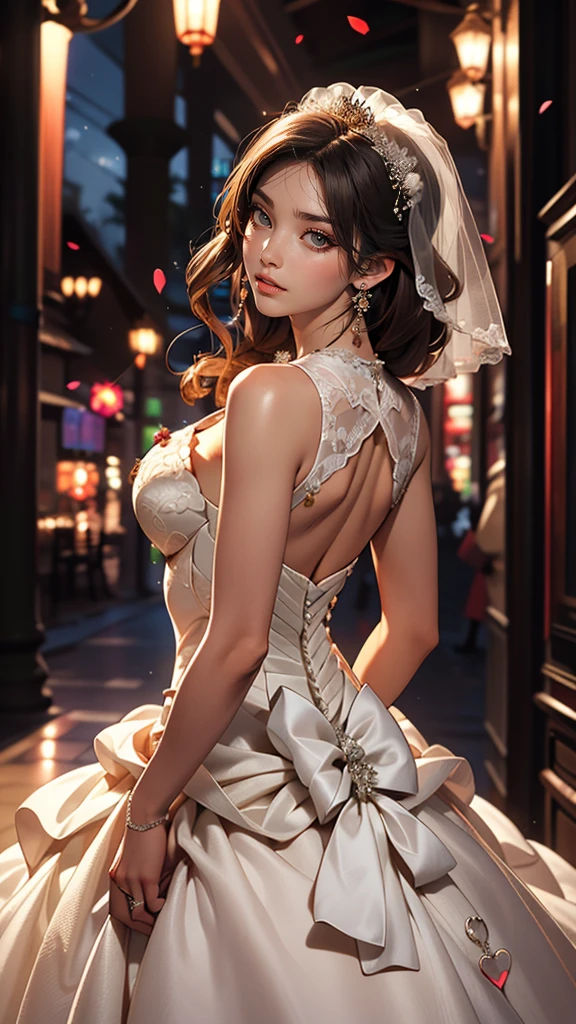 (highest quality, High resolution, masterpiece:1.2,), figure, night, One girl, whole body, (Wedding dress), Put your arms behind your back, Wait for a kiss, View Viewer, Happy, blush,