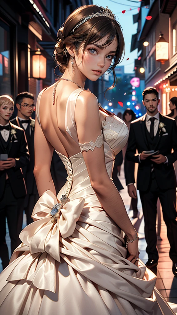 (highest quality, High resolution, masterpiece:1.2,), figure, night, One girl, whole body, (Wedding dress), Put your arms behind your back, Wait for a kiss, View Viewer, Happy, blush,buttons on back