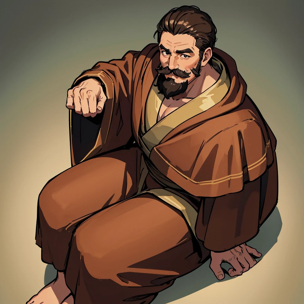 ((((Solo))))、Highest quality, Best Quality,Best illustrationiddle ages、(((Simple brown robe)))、(40-year-old uncle、mature、Kaiser moustache)、(LOL)、fight、(From above at an angle)、sit