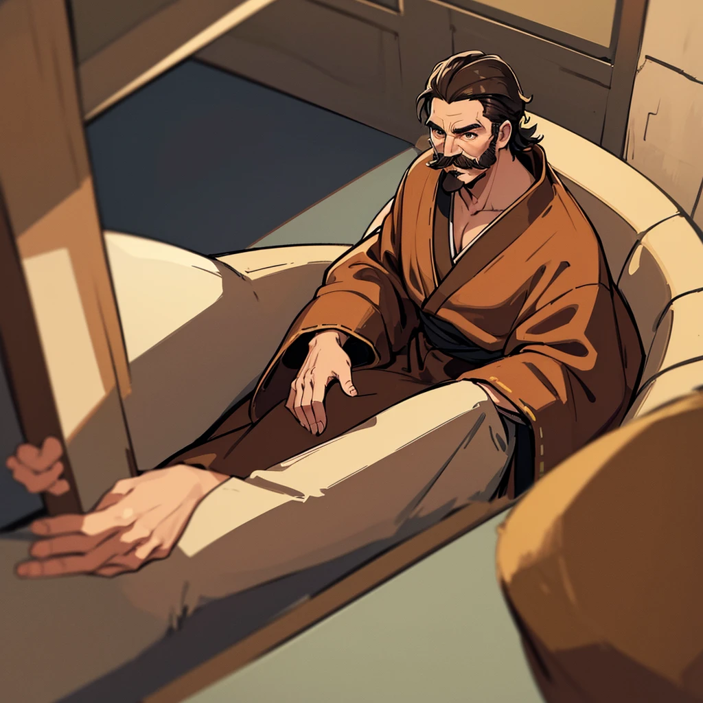 ((((Solo))))、Highest quality, Best Quality,Best illustrationiddle ages、(((Simple brown robe)))、(40-year-old uncle、mature、Kaiser moustache)、(LOL)、fight、(From above at an angle)、sit
