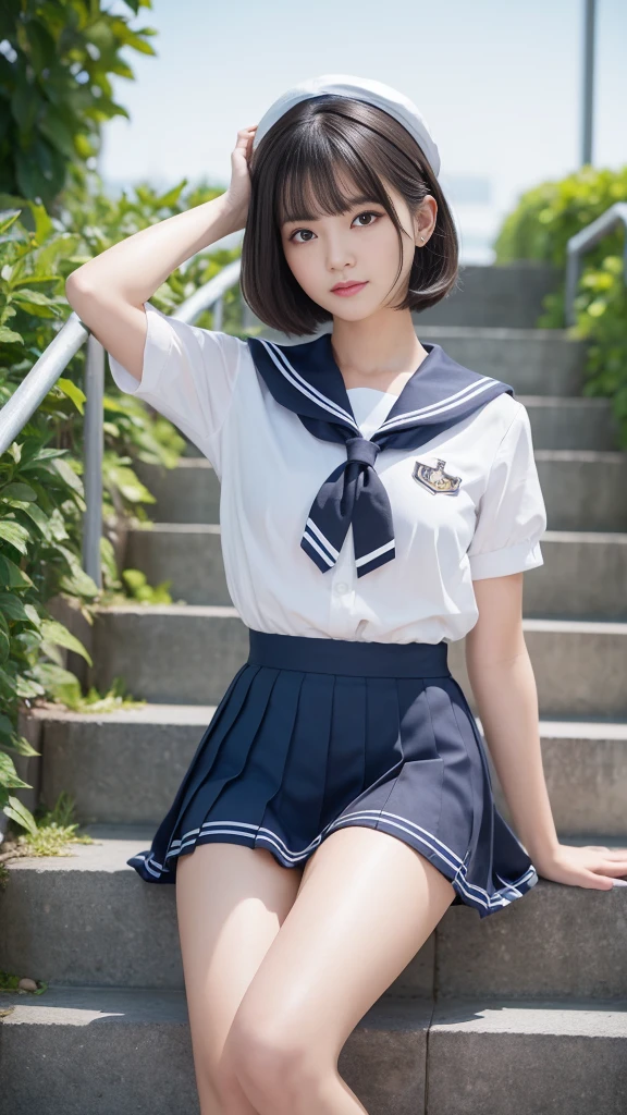 Black Hair、(School-designated sailor uniform:1.3)、short hair、hair accessory、Laugh a little、See-through、High-quality panties available、(Highest quality,masterpiece:1.3,Ultra-high resolution,),(Ultra-detailed,Caustics),(Photorealistic:1.4,RAW shooting,)Ultra-Realistic Capture,Very detailed,High resolution 16K human skin closeup。 The skin texture is natural、Detailed face and eyes、Sit on the stairy hair sways in the wind、