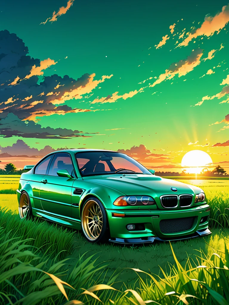 anime landscape of A pearl bottle green classic BMW M3 E46 sport sits in a field of tall grass with a sunset in the background.beautiful anime scene, beautiful anime peace scene, Makoto Shinkai Cyril Rolando, beautiful anime scene, amazing wallpaper, anime art wallpaper 8k, anime background, artistic anime background, anime wallpaper 4k, anime art 4k wallpaper, anime wallpaper art 4k,