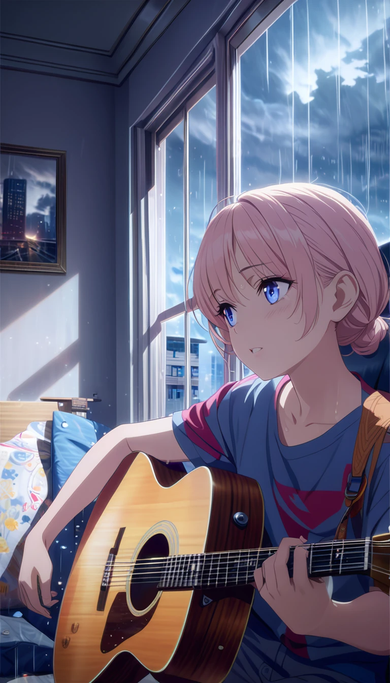men playing guitar, sitting at the window, her room has a window pointing outside and the sky is cloudy while it's raining, detailed face and body, beautiful eyes, realistic, vivid colors, dramatic lighting, cinematic composition, photorealistic, 8k, high quality, masterpiece